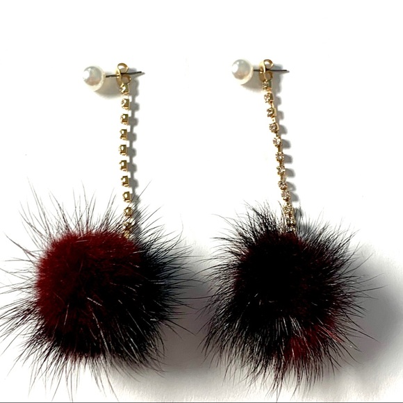Pave Pearl Fur Ball Pom Drop Gold Earrings - Picture 4 of 7